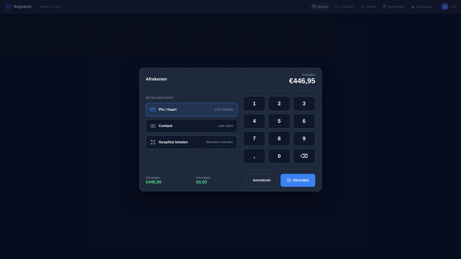 Registerly Betaling screen