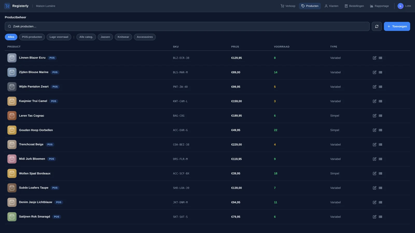 Registerly Producten screen